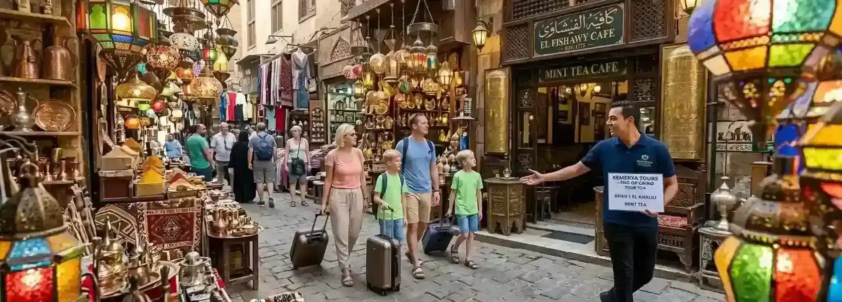 Kemerya Tours guide welcoming a family at El Fishawy Cafe in Khan El Khalili bazaar.