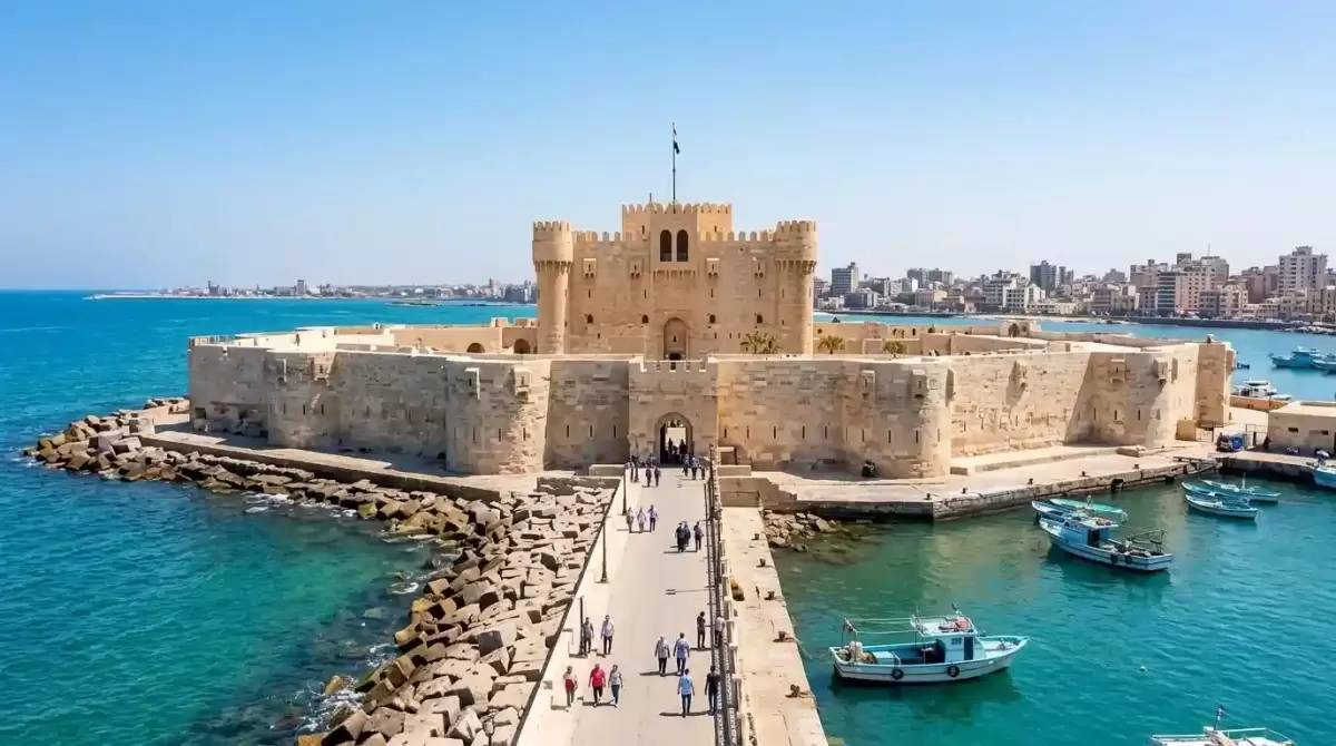 Stone Citadel of Qaitbay along the turquoise Mediterranean coast in Alexandria.